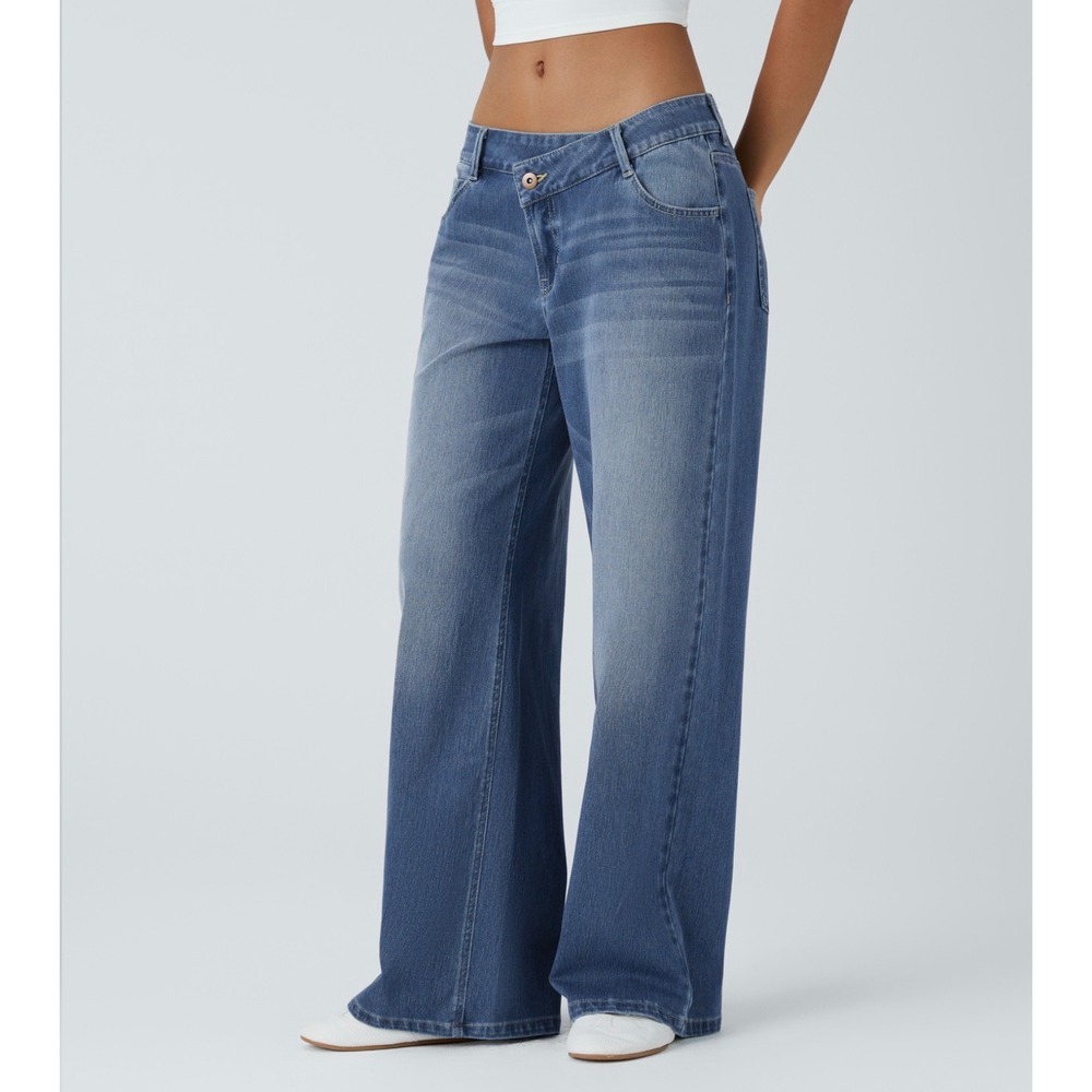 Halara Flex Asymmetric Low Rise Zipper Pockets Baggy Wide Leg Jeans Blue XS - Picture 3 of 9